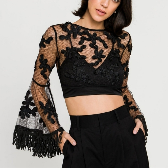 Anthropologie Endless Rose Black Lace Floral Embroidered Fringe Sleeves Crop Top - Picture 5 of 15